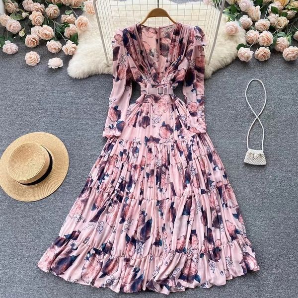 

casual dresses runway elegant autumn chiffon floral dress vintage women deep v neck flowers print puff sleeve female belt long vestidos 2303, Black;gray