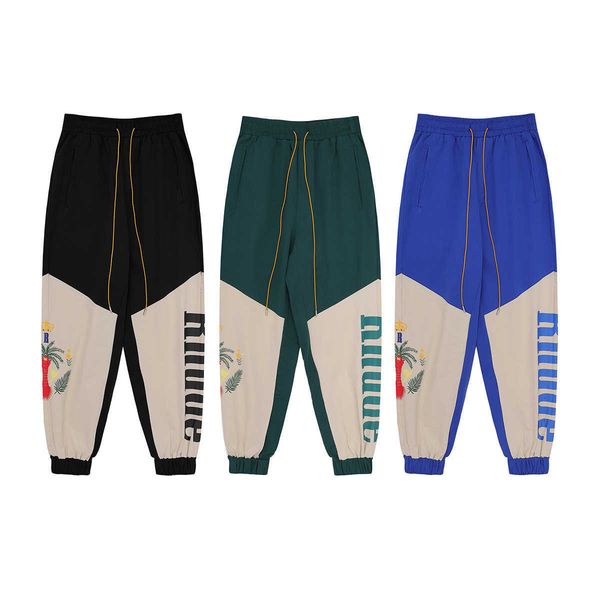 

men's star wear los angeles high street fashion brand rhude coconut tree peace pigeon print splice workwear casual pants men, Black