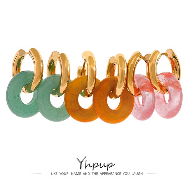 

hoop huggie yhpup natural stone green aventurine round hoop earrings fashion stainless steel yellow red golden bijoux acier inoxidable femme, Golden;silver