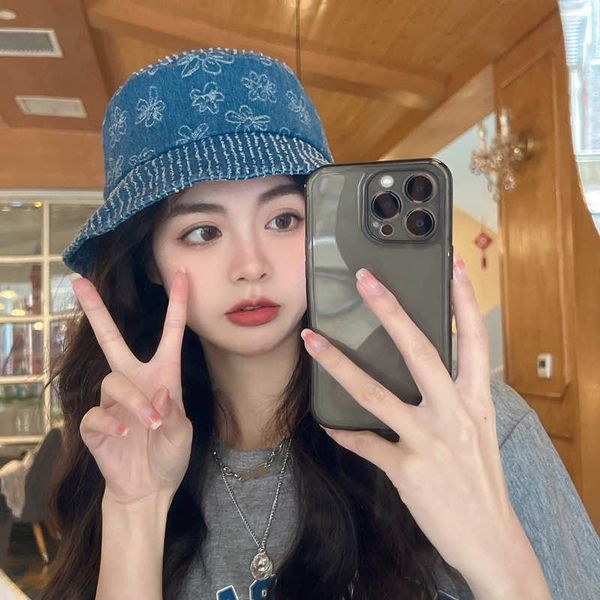 

wide brim hats korean fashion flower embroidery denim bucket hats for women summer all-match sunshade panama hat gorras p230311, Blue;gray