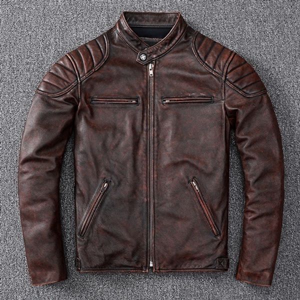 

men's leather faux jacket 100 genuine men vintage brown natural cowskin coat spring autumn mens jackets 21 chaquetas hombre 230324, Black