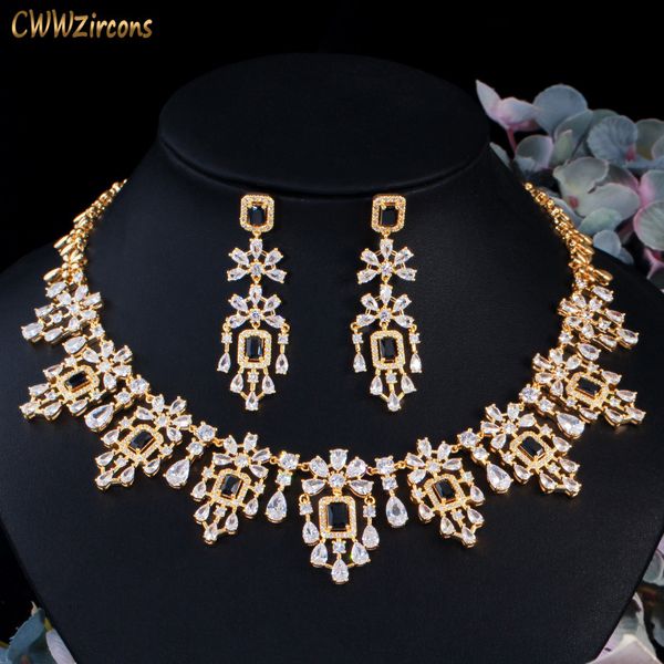 

wedding jewelry sets cwwzircons african dubai gold color cubic zirconia black stone necklace earring luxury bridal set accessory t522 230325, Slivery;golden