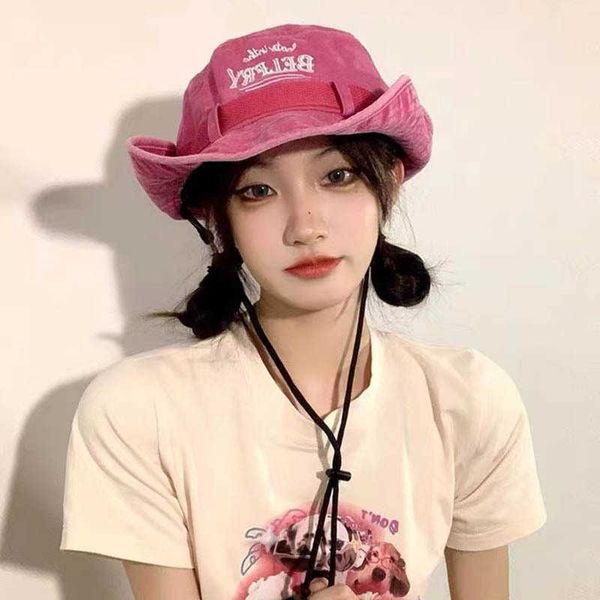

wide brim hats western spice girl cowboy hat female retro washed old fisherman cap shade sunscreen outdoor camping mountaineering bucket hat, Blue;gray