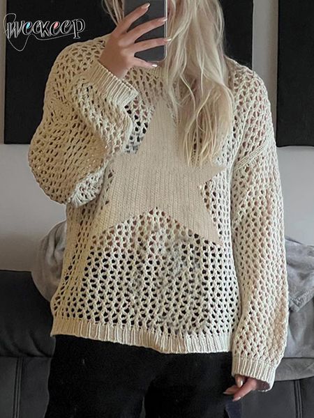 

women's sweaters weekeep distressed crochet star pullovers oversized loose holes knitted jumper smock y2k harajuku streetwear 90s 23032, White;black