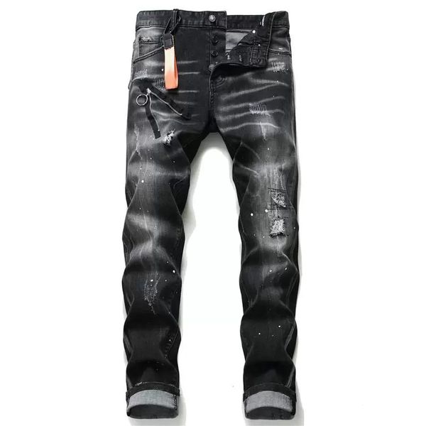 

mens jeans men jean hip hop pants street trend zipper chain decoration ripped rips stretch black fashion slim fit washed motocycle denim pan, Blue