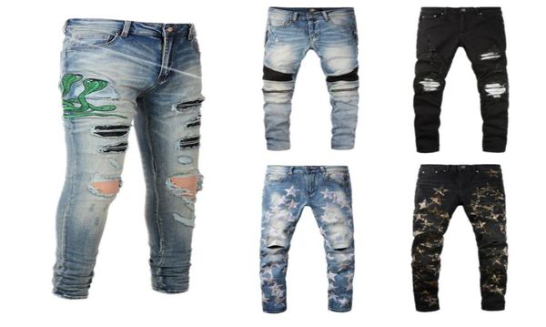 

mens designer jeans embroidery of cobra distressed ripped biker skinny slim fit motorcycle bikers denim for men fashion hip hop hi8234269, Blue