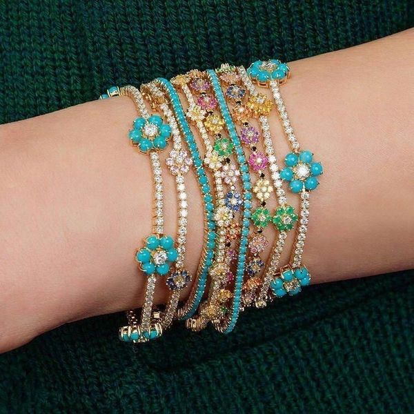

charm bracelets spring arrived fashion party jewelry 3mm prong set cz tennis chain rainbow daisy flower colorful bracelet 230325, Golden;silver
