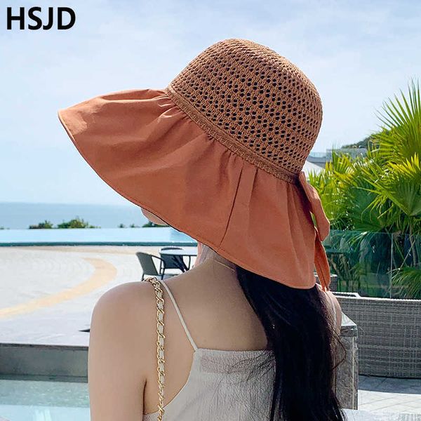 

wide brim hats summer blk glue bow sun hats hollow net breathable wide brim foldable bucket hat for women beh anti-uv sunscreen cap p230311, Blue;gray