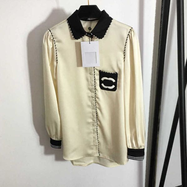 

23ss womens clothes designer blouse shirts chest brand logo color combination pocket temperament lapel long-sleeved shirt women clothes a1, White