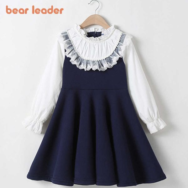 

girl's dresses bear leader school new girls clothing baby casual kids patchwork fall clothes children long sleeve blue white y2303, Red;yellow