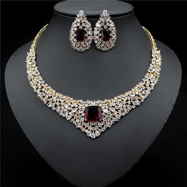 

wedding jewelry sets clear cz crystal necklace earrings set for women red bride dubai sets 230325, Slivery;golden