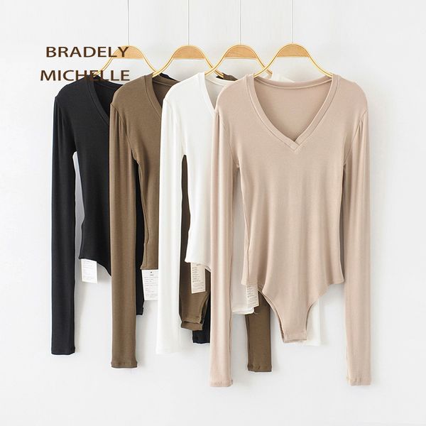 

womens jumpsuits rompers bradely michelle autumn women slim long sleeve vneck cotton knitted bodysuits with hidden button jumpsuis 230324, Black;white