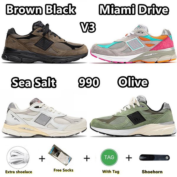 

990v3 990s running shoes salt sea salt brown black miami drive olive trainers sports sneakers for men and women