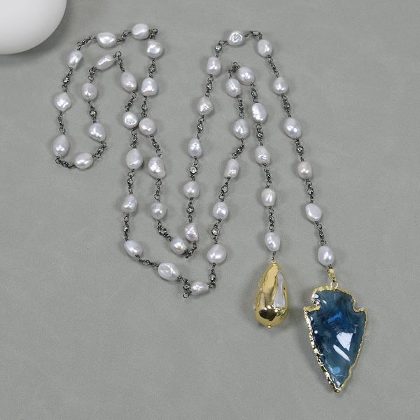 

cultured gray keshi baroque pearl pendant gunmetal cubic zirconia pave chain long necklace blue glass rough arrow biwa pearl, Silver