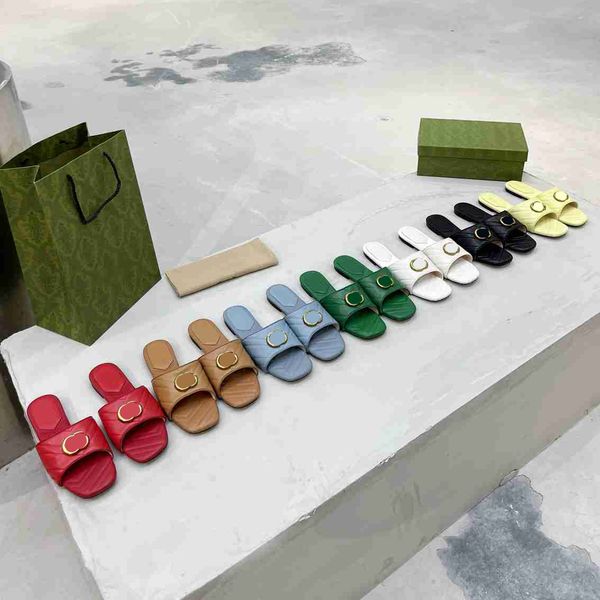 

classic double letter metal flat leather slippers women stitched low heel sandals square headed elegant fashion designer comfortable size 35, Black