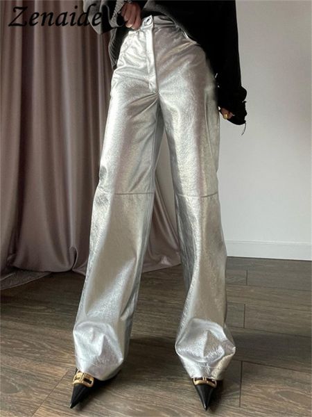 

women's pants s zenaide 2023 sliver straight pu leather y2k streetwear women high waist wide leg casual loose trouser 230325, Black;white