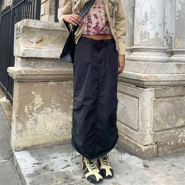 

skirts y2k retro harajuku drawstring cargo chic women korean fashion shirring long preppy vintage grunge streetwear 230325, Black