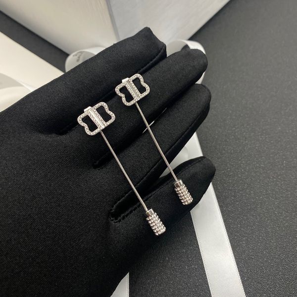 

new stud brand letter b diamond-encrusted silver simple tassel earrings exquisite temperament long 925 silver needle detachable personality, Golden;silver