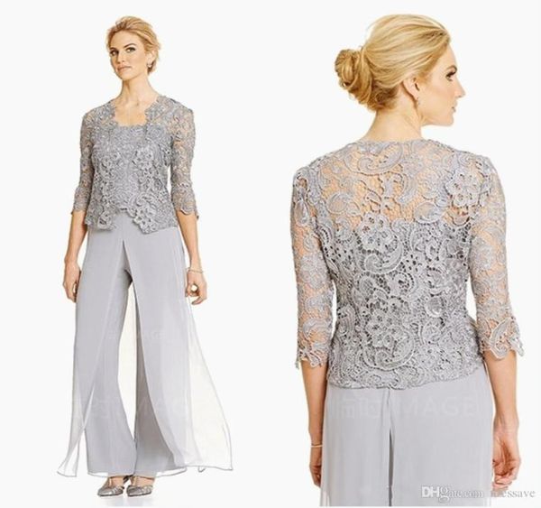 

elegant silver mother of the bride pant suits plus size groom mother evening party suit chiffon trousers outdoor lace wedding gues1197420, Black;red