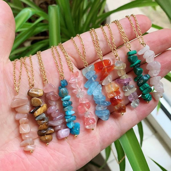 

irregular chip natural crystal stone necklace ore chips tassel charm pendulum pink quartz citrines purple crystal gold necklace, Silver