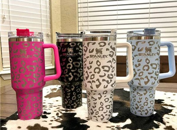 

pink staniley logo 40oz leopard stainless steel tumbler with handle lid straw big capacity beer mug water bottle outdoor camping cup vacuum
