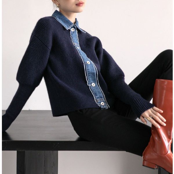 

women's knits tees xxs4xl spring autumn denim patchwork knitted cardigan turndown collar single breasted vingtage knit coat korean swea, White