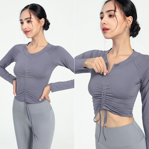 

women's lu-008 short yoga long sleeve solid color nude sports shaping waist drawstring tight long sleeve fitness loose jogging casual s