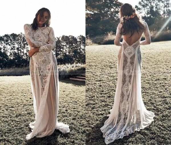 

2021 vintage lace boho beach wedding dresses long sleeve applique backless country style bohemian wedding dress bridal gowns hippi9829291, White