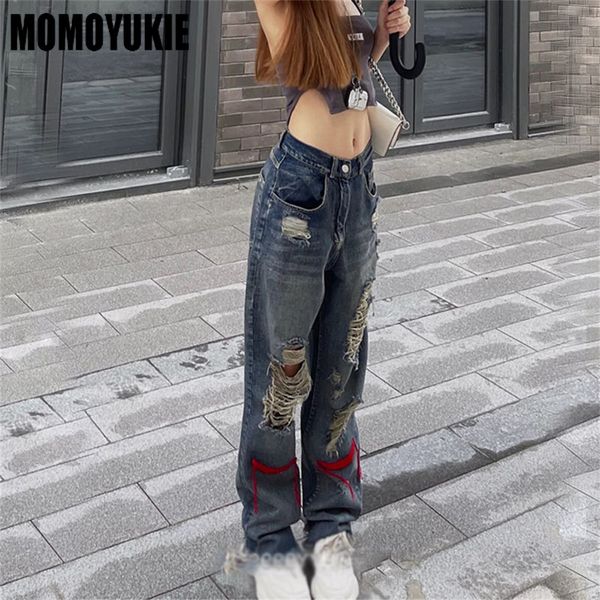 

women's jeans spring womens ripped hole boyfriend high waist women's wide leg jeans baggy woman denim pants jean mom jeans trouser, Blue