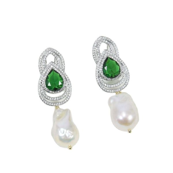 

cultured nucleated flameball chandelier white baroque pearl earrings green cubic zirconia micro cz paved rhinestone stud lady earrings, Silver