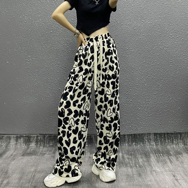 

women's pants s thin spring loose waist draw string printing casual trousers for women high waisted streetwear wide leg straight 2023 2, Black;white