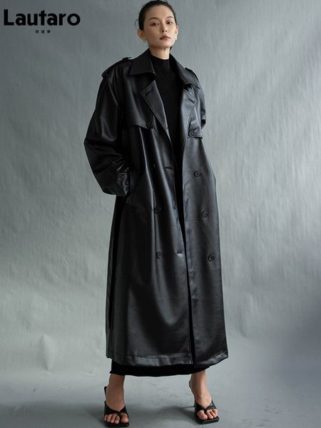 

women's jackets lautaro autumn long oversized black faux leather trench coat for women sleeve belt double breasted loose fashion 230324, Black;brown