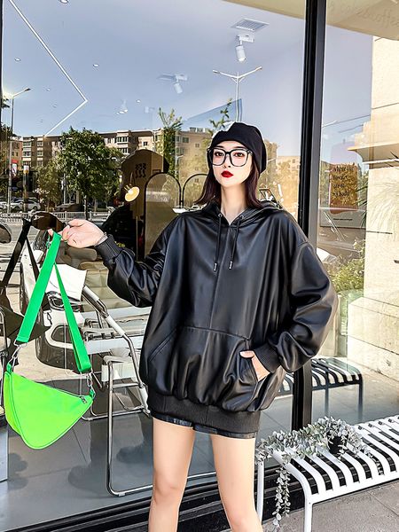 

women's jackets spring autumn black long sleeve loose leather hoodies man women y2k clothes pullover coat casual pu mxxxl 230324, Black;brown