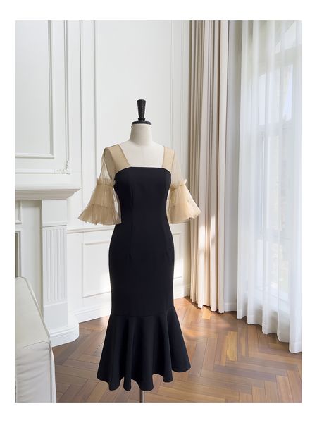 

summer black contrast color panelled tulle dress 1/2 half sleeve square neck midi casual dresses l3m255191, Black;gray