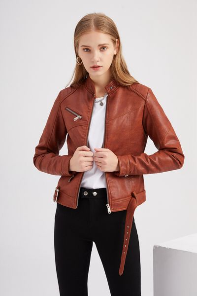 

spring 2023 new women's european and american style leather jacket short stand tie belt jacket nxhj001, Black