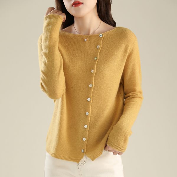 

women's knits tees round neck diagonal button cashmere cardigan 100 pure early spring 2023 thin loose knitting sweater 230324, White