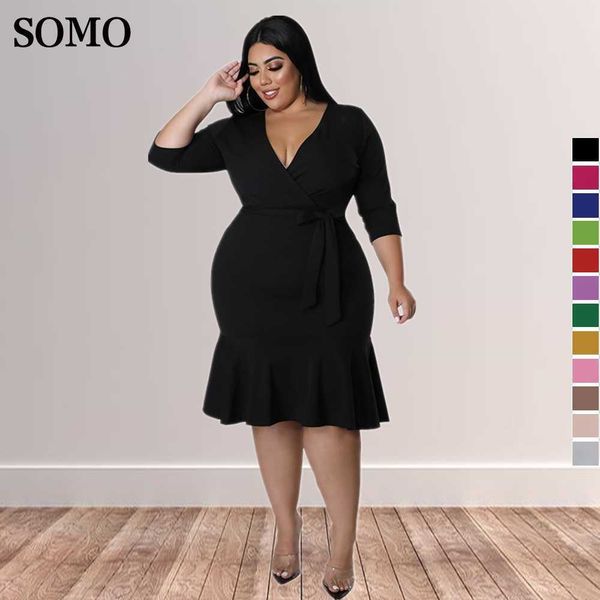 

plus size dresses summer clothes elegant women with sashes v neck solid color midi dress half sleeve wholesale dropshipping 230307, Black