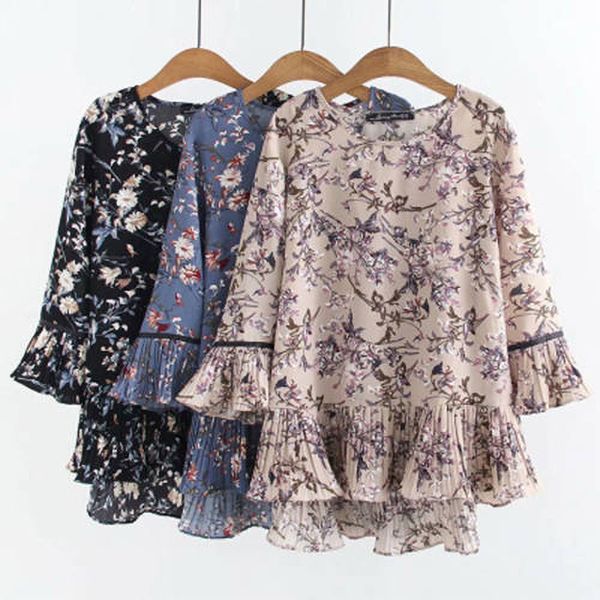 

women's plus size tshirt chiffon elegant womens blouses summer for women ruffle tunic floral blouse female clothes loose casual v2183, Black