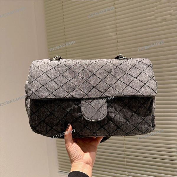 

womens maxi denim tote designer bag quilted diamond lattice silver metal hardware matelasse chain shoulder bags large capacity luxury practi