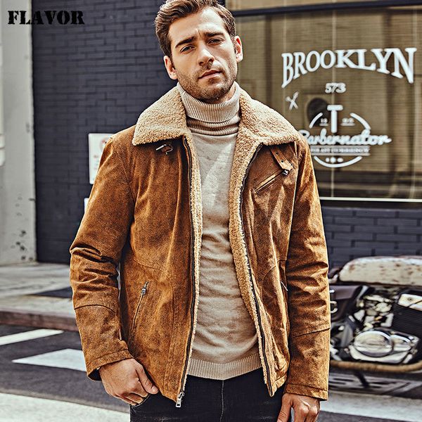 

men's leather faux flavor genuine motorcycle jacket pigskin with shearling real bomber coat men 230324, Black
