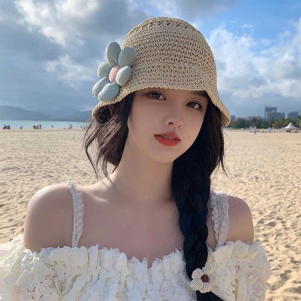 

wide brim hats 2022 new short-brimmed japanese bucket hats women summer handmade straw sunscreen small flowers cute fisherman hat p230311, Blue;gray