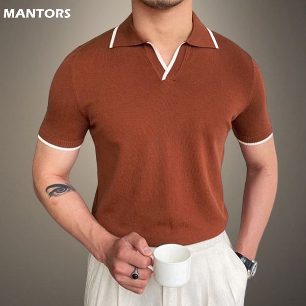 

men's polos vintage polo shirt men stripe t shirt knitting casual lapel pullover summer fashion men short sleeve slim polo shirt 230325, White;black