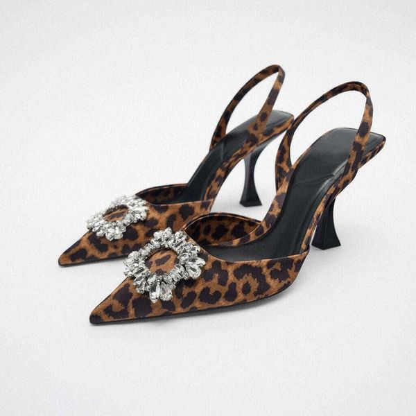 

dress shoes women high heels shoes 2022 wsl traf za summer pointed rhinestones leopard print pump fashion travel stiletto sandal woman shoes, Black