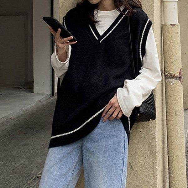

women's vests y2k style sweater vest spring oversized knitwear all-match pullover v neck sleeveless girls retro jumpers wear 220325, Black;white