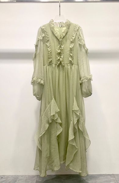 

french retro temperament dress for female minority high grade ruffled edge waist wrapped green forest fairy yarn dress summer, Black;gray