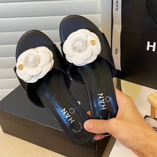 

summer womens slippers ladies camellia graphic out sandals pattern flats flip flops fashion designer slides slipper rubber outdoor beach cha, Black