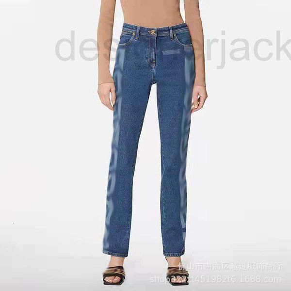 

women's jeans designer printed letters straight jeans leather label heavy industry midu metal head print pocket pants woman spfo, Blue