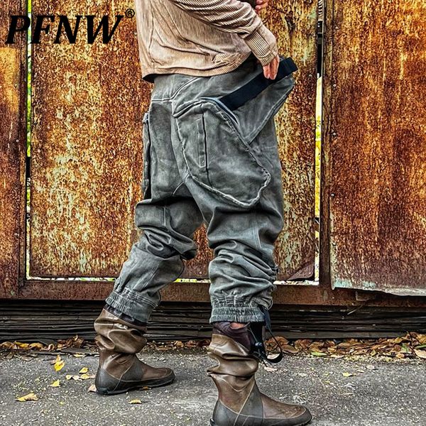 

men's pants pfnw autumn winter men's drawstring pockets baggy cargo pants disassembled magnetic button safari style casual trouser, Black