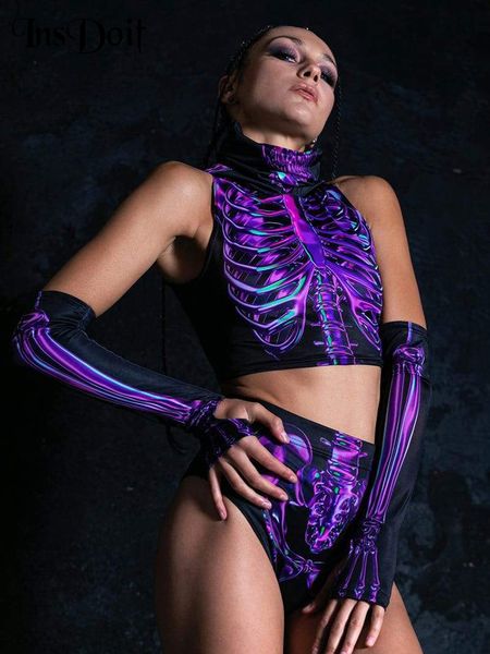 

women's two piece pants insdoit y2k gothic hooded crop briefs gloves women skeleton print summer streetwear punk slim three set 230325, White