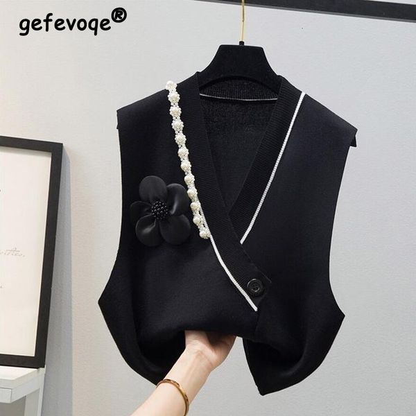 

women's vests spring autumn fashion v-neck elegant chic beads sleeveless knitted sweater vest casual street solid loose pullovers femal, Black;white